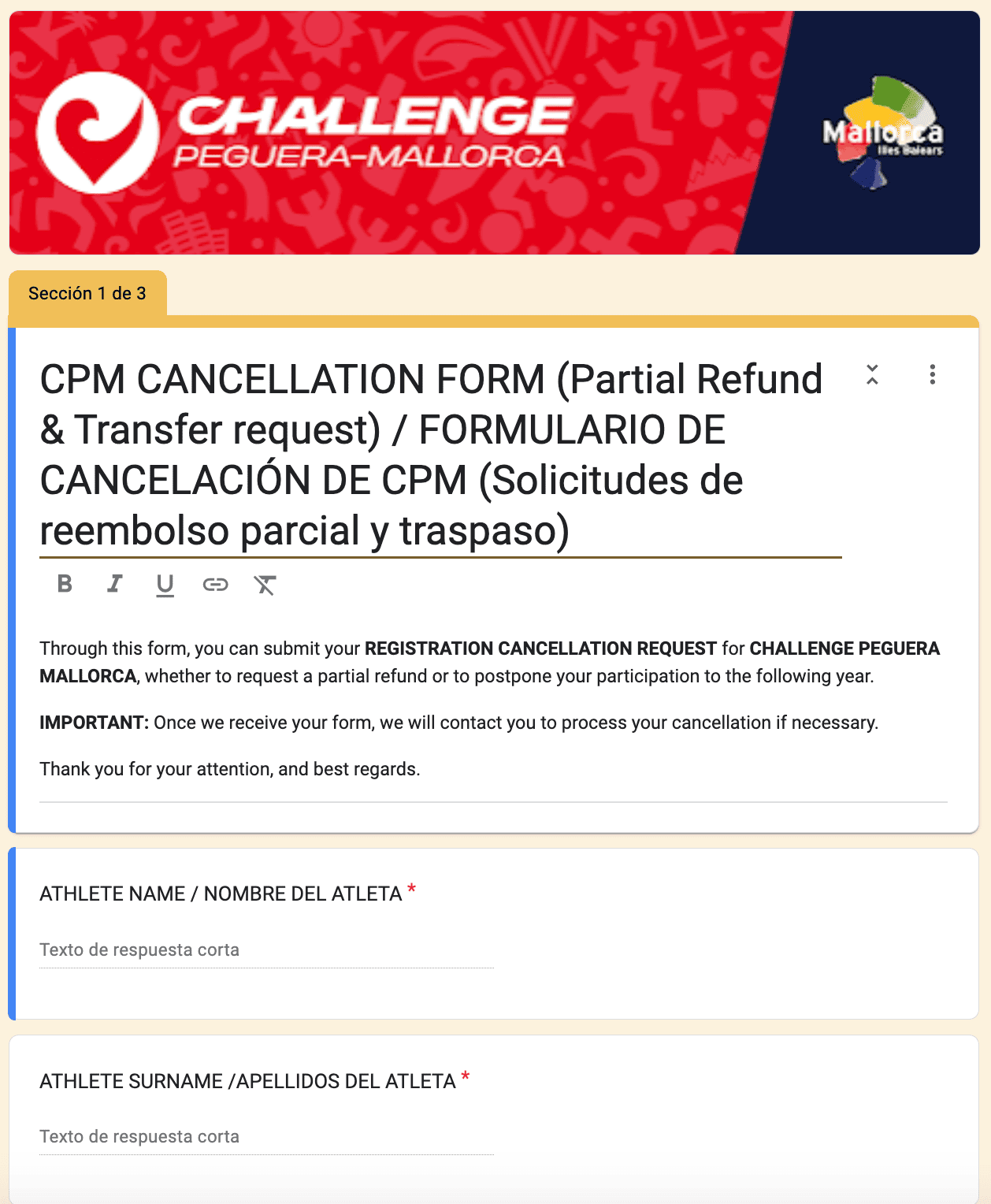 CHALLENGE PEGUERA MALLORCA CANCELLATION FORM